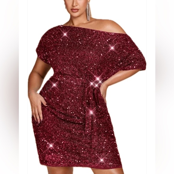 Dresses & Skirts - Luxe Plus Size Off Shoulder Sequin Belted Holiday Evening Dress Burgundy
